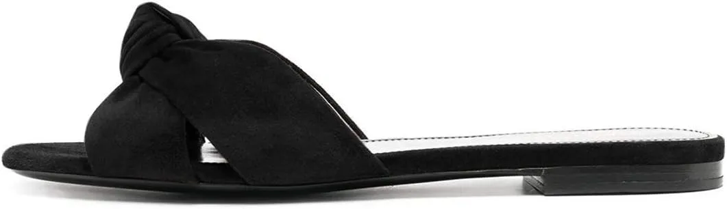 FSJ Women Leisure Faux Suede Bowtie Slides Sandal Open Toe Flat Slippers Vacation Lounge Shopping Shoes