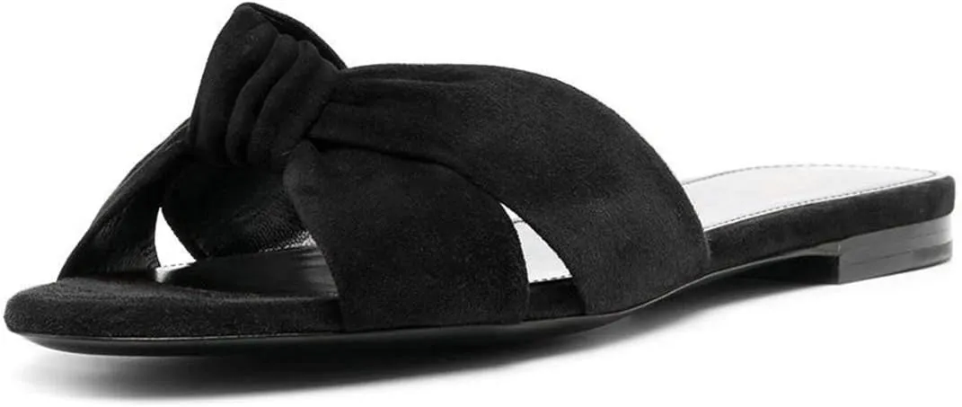 FSJ Women Leisure Faux Suede Bowtie Slides Sandal Open Toe Flat Slippers Vacation Lounge Shopping Shoes