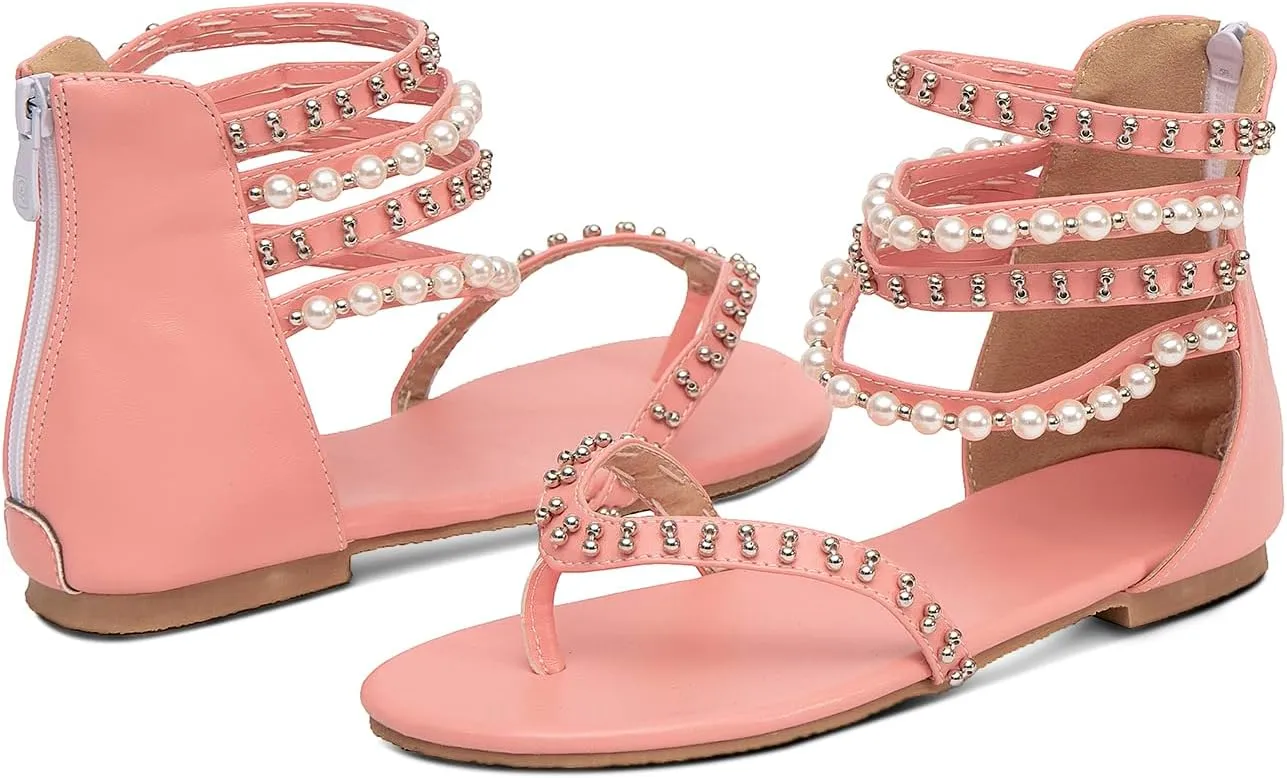 GATUXUS Women's Pearls Thong Flats Sandals Beads Ankle Strappy Back Zipper Flip Flops Dress Sandals Shoes