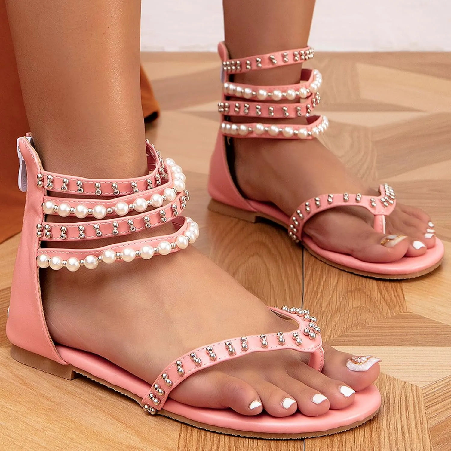 GATUXUS Women's Pearls Thong Flats Sandals Beads Ankle Strappy Back Zipper Flip Flops Dress Sandals Shoes