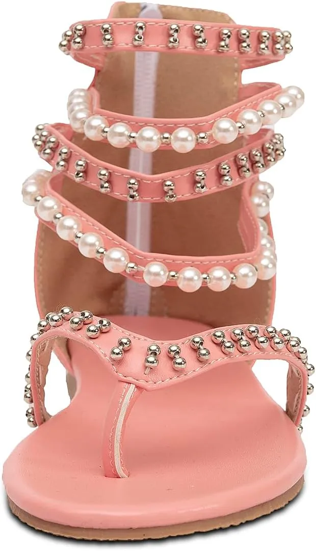 GATUXUS Women's Pearls Thong Flats Sandals Beads Ankle Strappy Back Zipper Flip Flops Dress Sandals Shoes