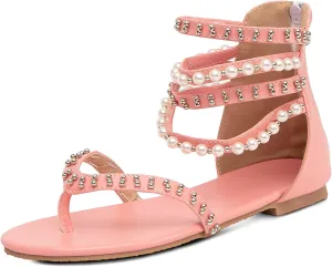 GATUXUS Women's Pearls Thong Flats Sandals Beads Ankle Strappy Back Zipper Flip Flops Dress Sandals Shoes