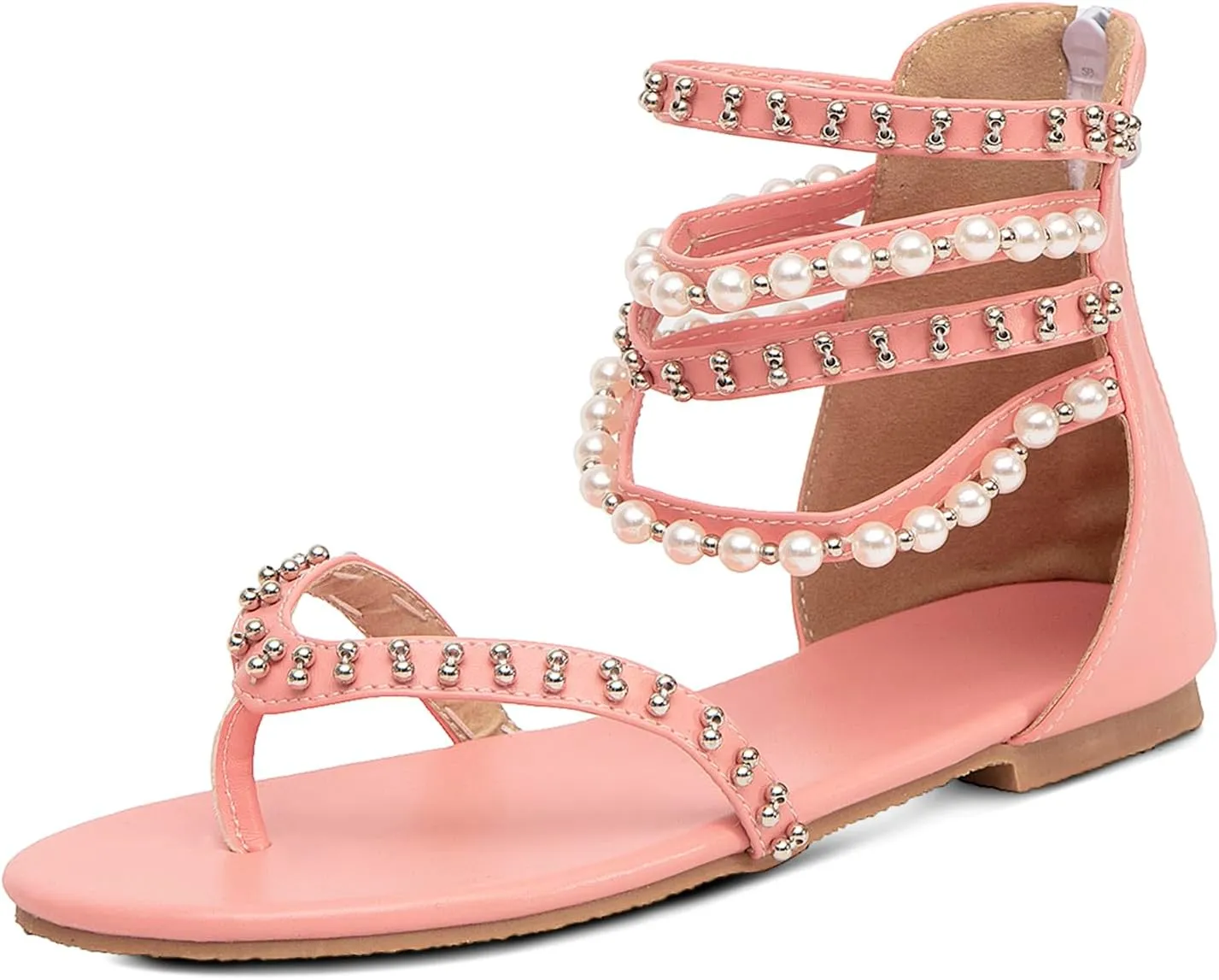 GATUXUS Women's Pearls Thong Flats Sandals Beads Ankle Strappy Back Zipper Flip Flops Dress Sandals Shoes
