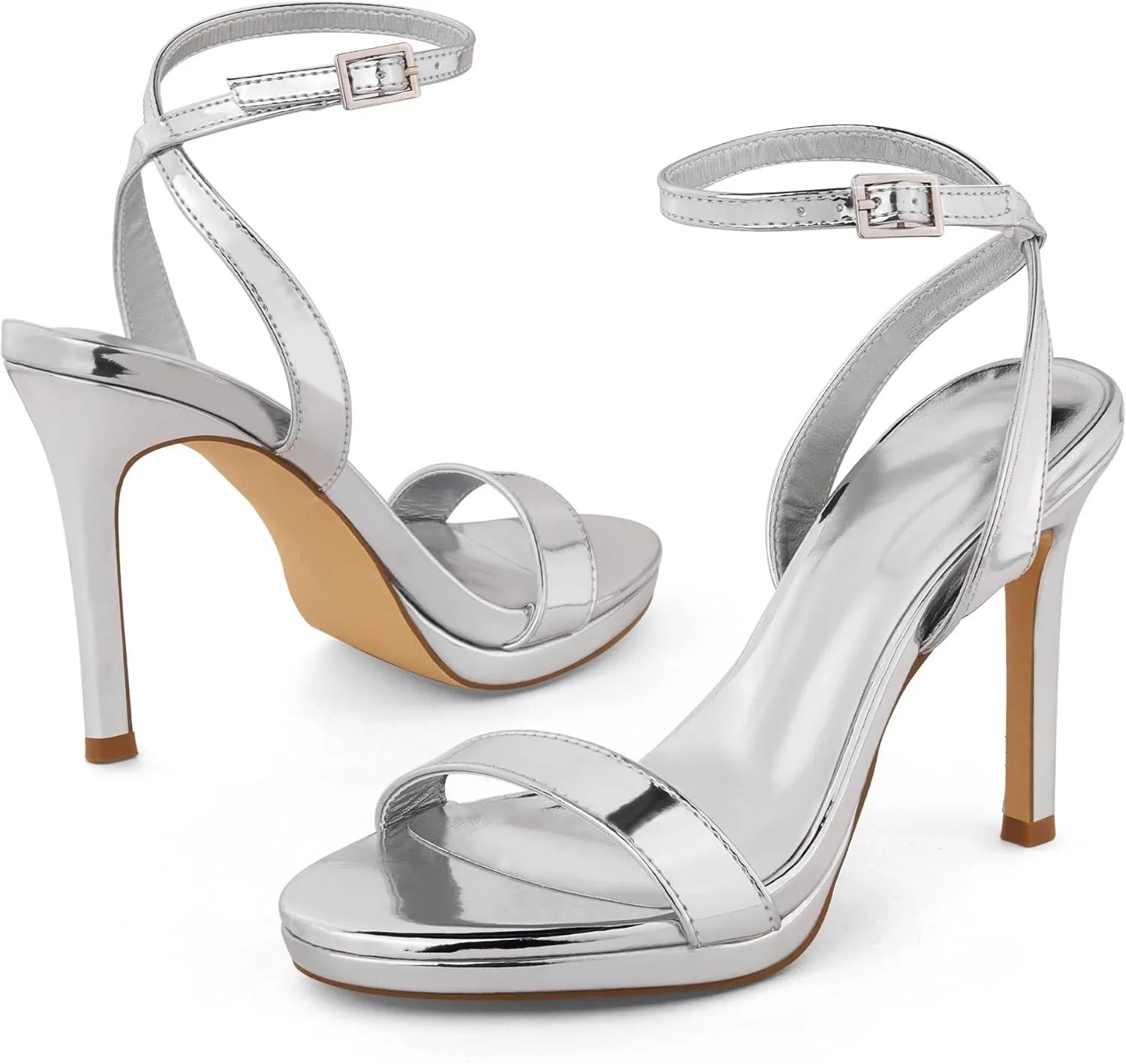 GENSHUO Women's High Heels Strappy Sandals with Round Open Toe Sexy Comfortable Ankle Strap Stiletto Wedding Prom Party Homecoming Dance Heeled Shoes