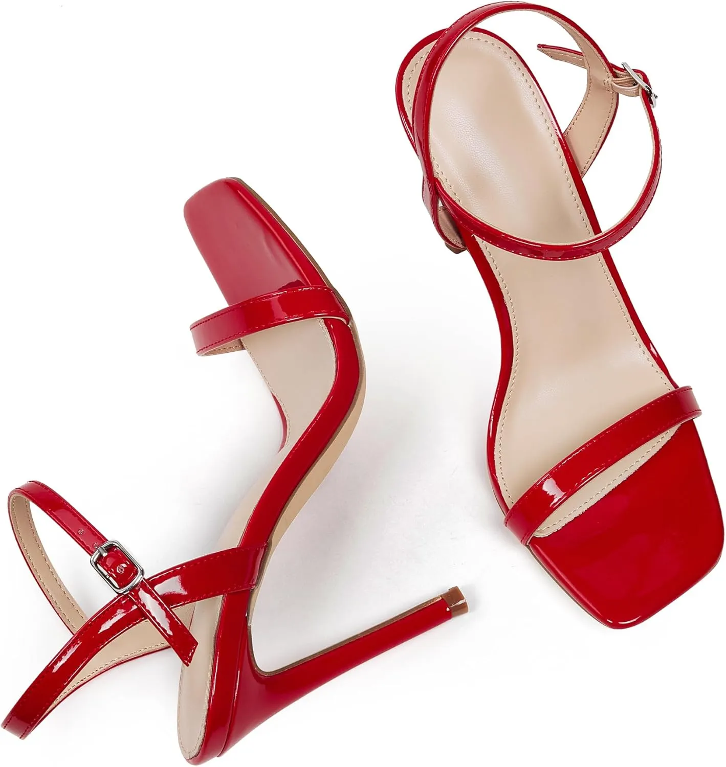 GENSHUO Women's Square Toe Strappy Stiletto Heels,4 Inch Open Toe Heel Sandals Ankle Strap Buckle Sexy High Heeled Prom Party Wedding Daily Wear Dress Shoes