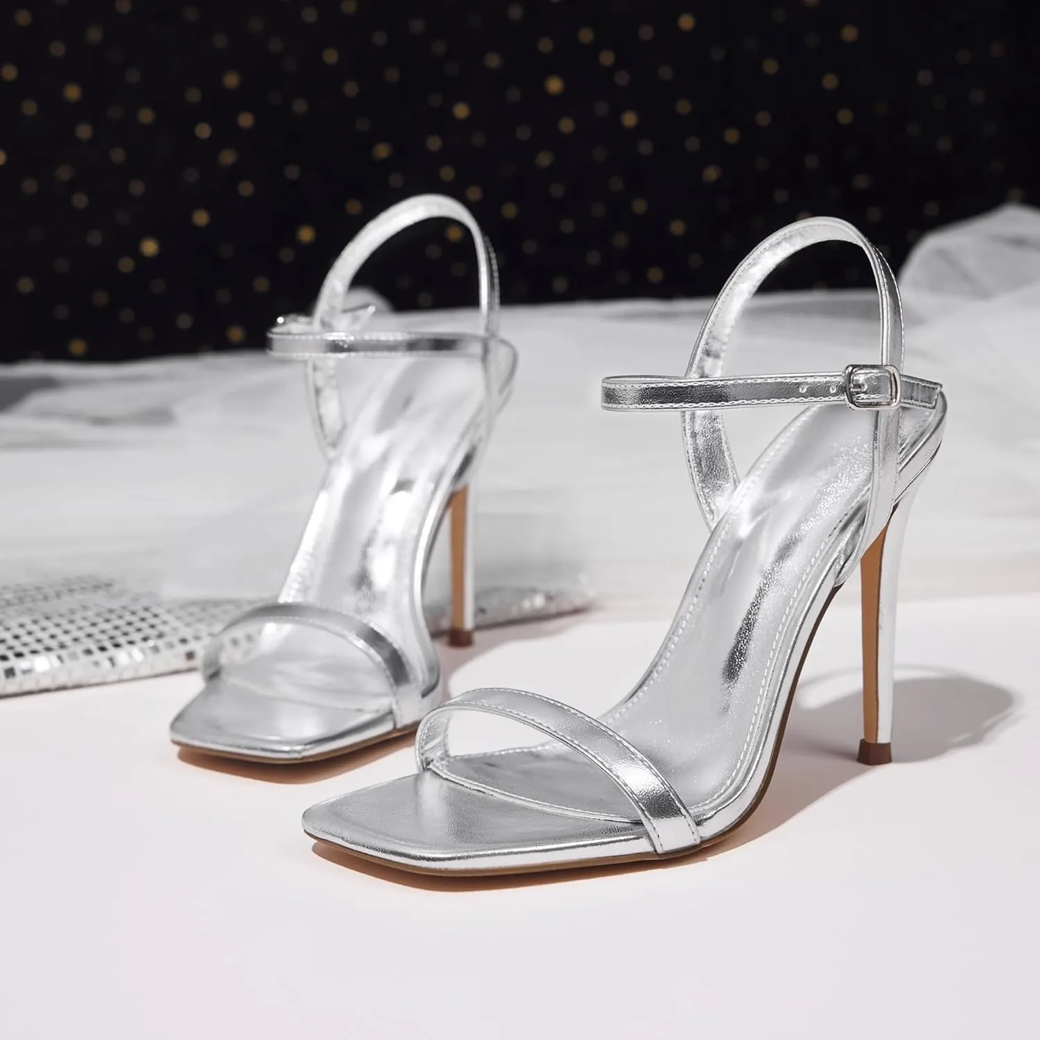 GENSHUO Women's Square Toe Strappy Stiletto Heels,4 Inch Open Toe Heel Sandals Ankle Strap Buckle Sexy High Heeled Prom Party Wedding Daily Wear Dress Shoes