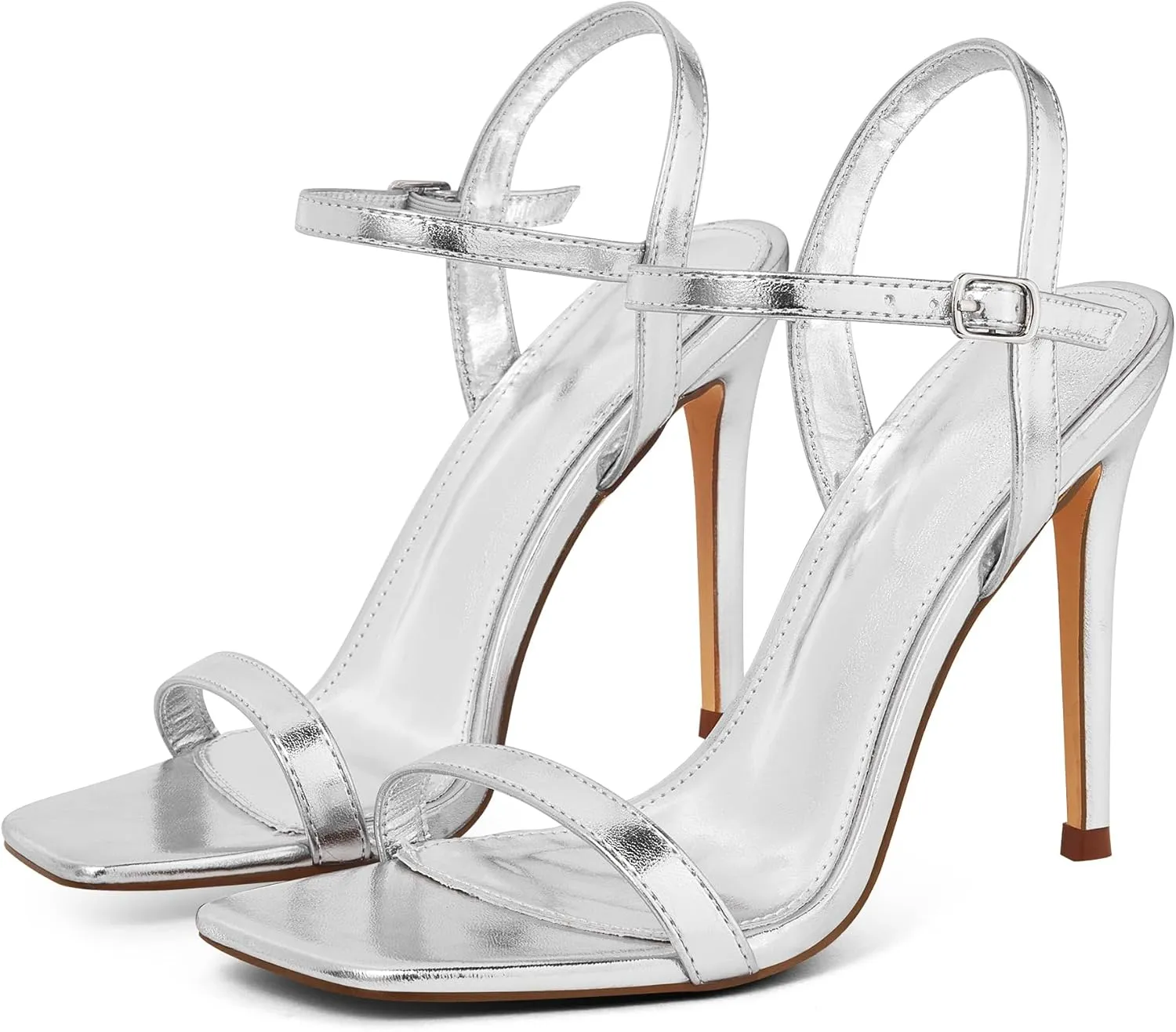 GENSHUO Women's Square Toe Strappy Stiletto Heels,4 Inch Open Toe Heel Sandals Ankle Strap Buckle Sexy High Heeled Prom Party Wedding Daily Wear Dress Shoes