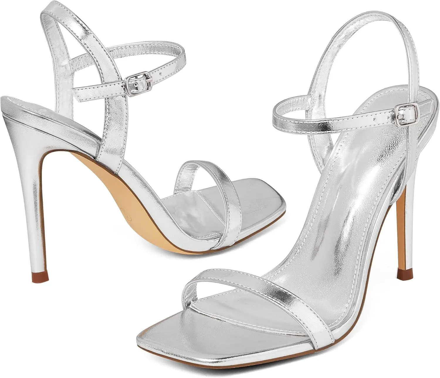 GENSHUO Women's Square Toe Strappy Stiletto Heels,4 Inch Open Toe Heel Sandals Ankle Strap Buckle Sexy High Heeled Prom Party Wedding Daily Wear Dress Shoes