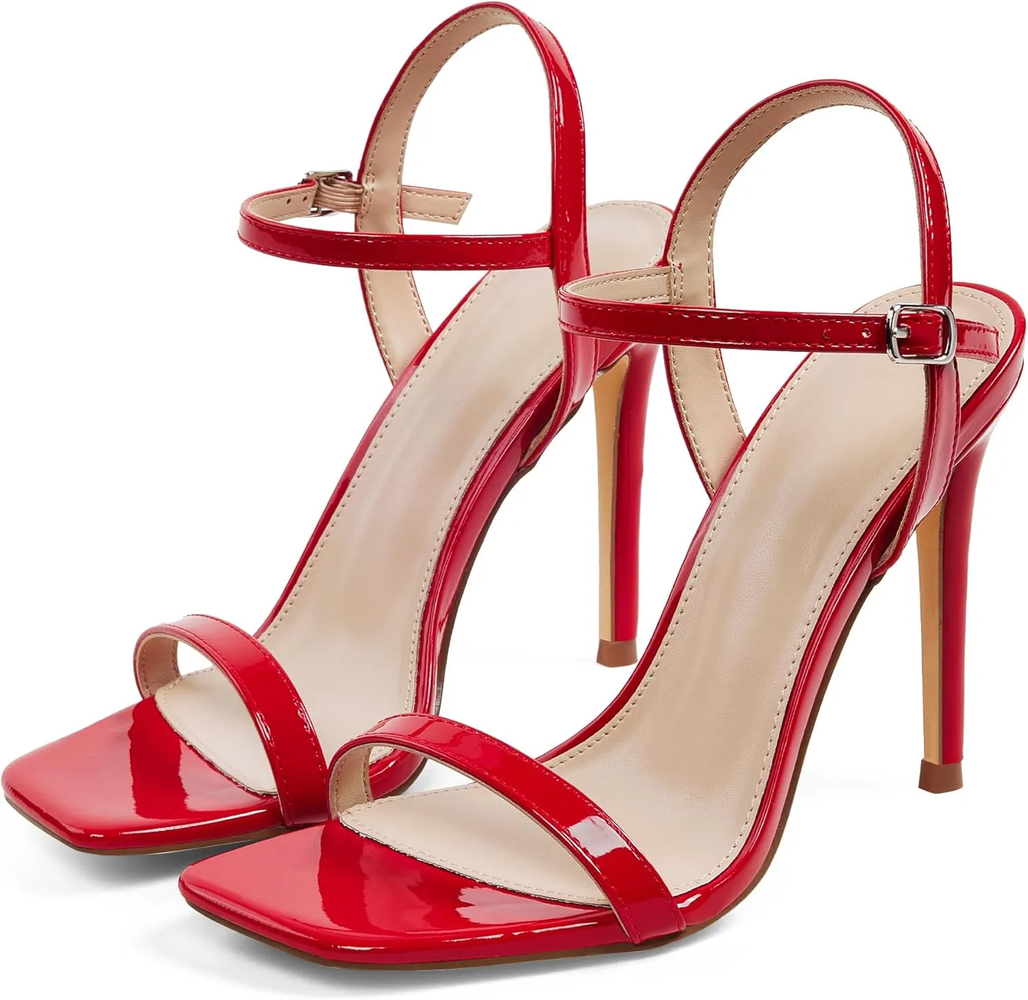 GENSHUO Women's Square Toe Strappy Stiletto Heels,4 Inch Open Toe Heel Sandals Ankle Strap Buckle Sexy High Heeled Prom Party Wedding Daily Wear Dress Shoes