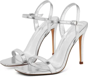 GENSHUO Women's Square Toe Strappy Stiletto Heels,4 Inch Open Toe Heel Sandals Ankle Strap Buckle Sexy High Heeled Prom Party Wedding Daily Wear Dress Shoes