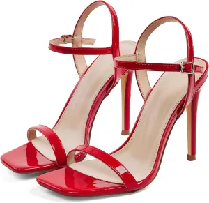 GENSHUO Women's Square Toe Strappy Stiletto Heels,4 Inch Open Toe Heel Sandals Ankle Strap Buckle Sexy High Heeled Prom Party Wedding Daily Wear Dress Shoes