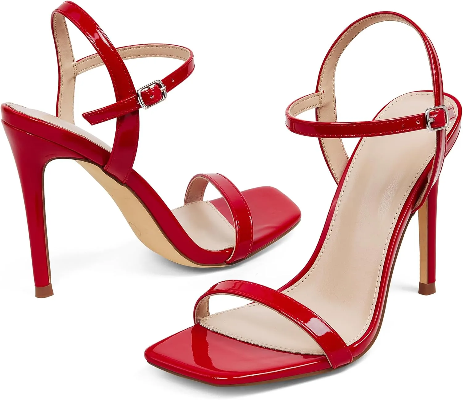 GENSHUO Women's Square Toe Strappy Stiletto Heels,4 Inch Open Toe Heel Sandals Ankle Strap Buckle Sexy High Heeled Prom Party Wedding Daily Wear Dress Shoes