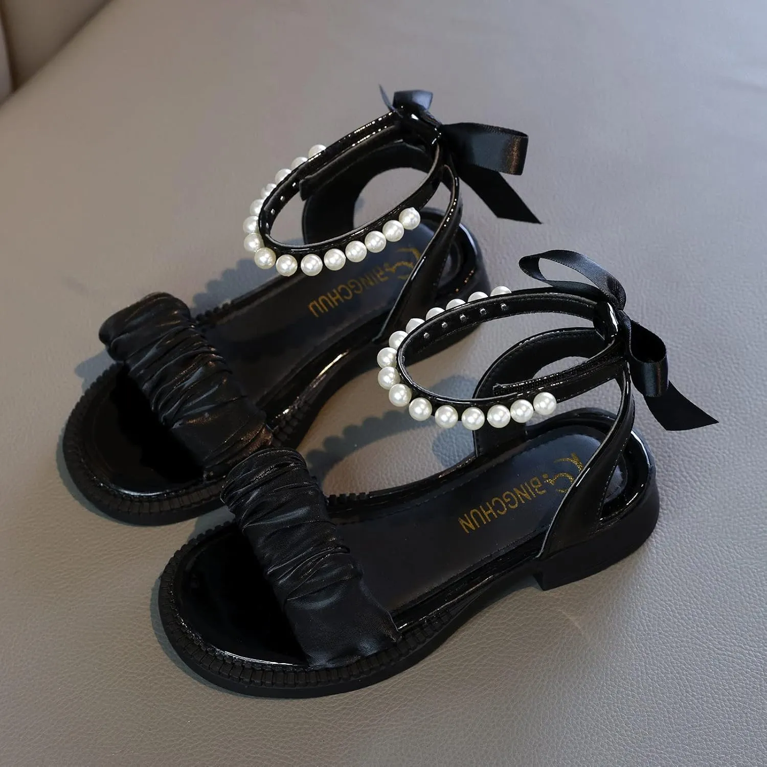 Girls Pearl Sandals Ankle Strap Lace Bowknot Kids Shoes Open Toe Low Heels Wedding Outdoor Summer