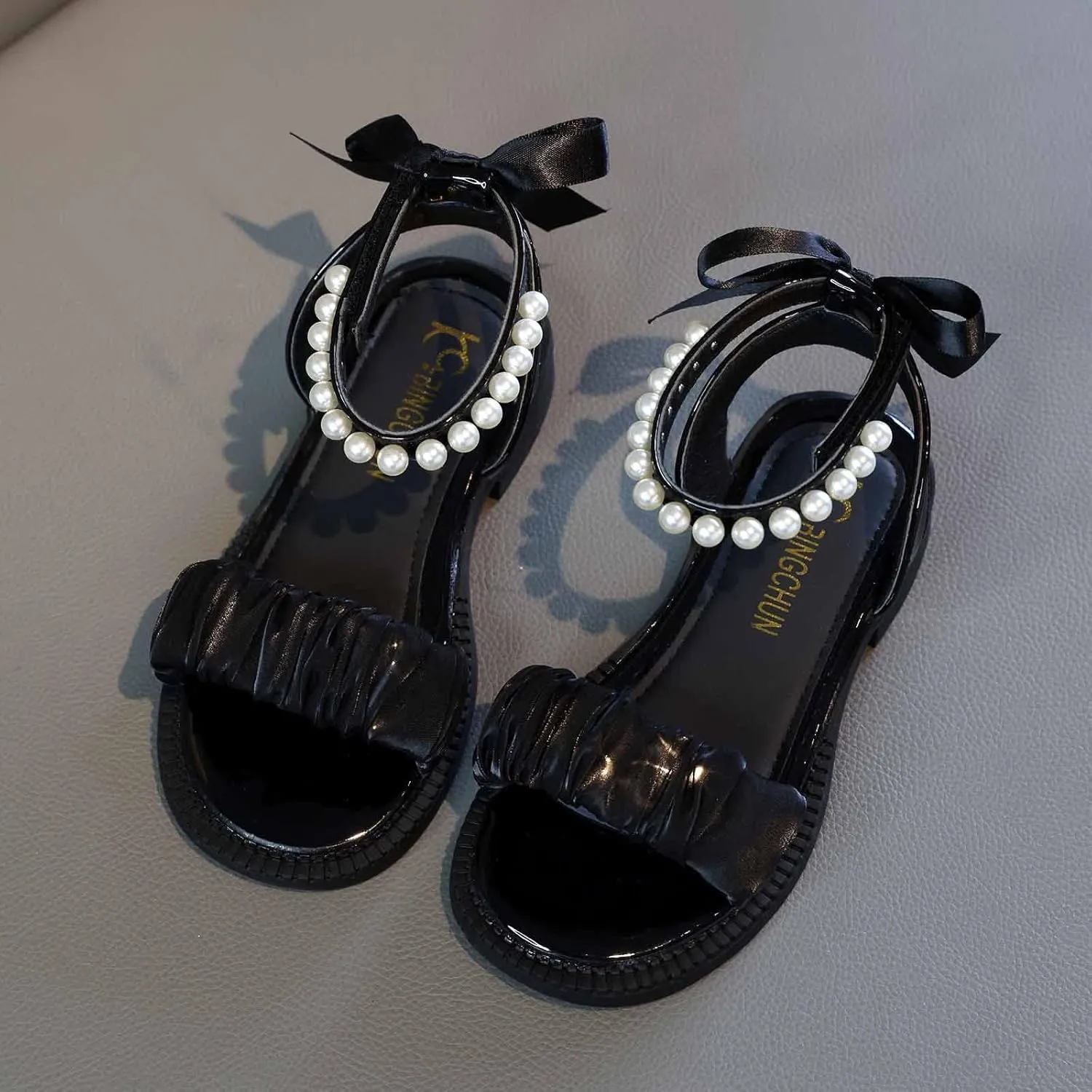 Girls Pearl Sandals Ankle Strap Lace Bowknot Kids Shoes Open Toe Low Heels Wedding Outdoor Summer