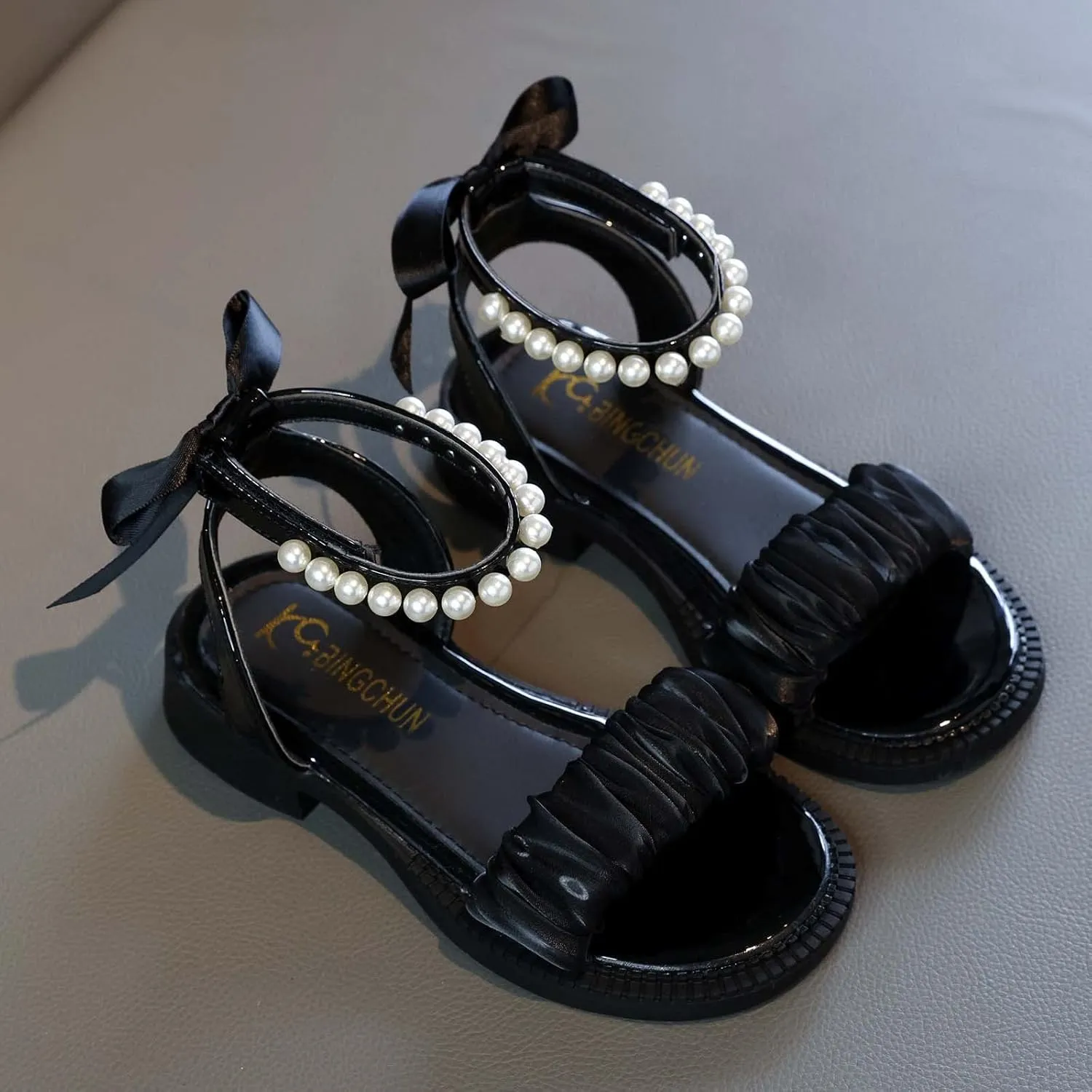 Girls Pearl Sandals Ankle Strap Lace Bowknot Kids Shoes Open Toe Low Heels Wedding Outdoor Summer