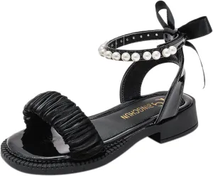 Girls Pearl Sandals Ankle Strap Lace Bowknot Kids Shoes Open Toe Low Heels Wedding Outdoor Summer