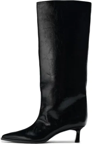 Goolita Burgundy Knee High Boots For Women, Pointed Toe Kitten Heel Wide Calf Boots Cherry Red Slip On Dress Tall Boots