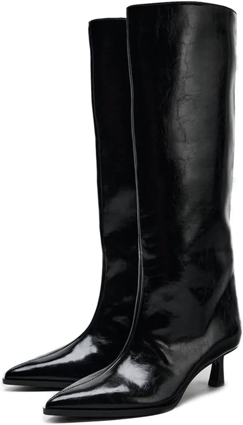 Goolita Burgundy Knee High Boots For Women, Pointed Toe Kitten Heel Wide Calf Boots Cherry Red Slip On Dress Tall Boots