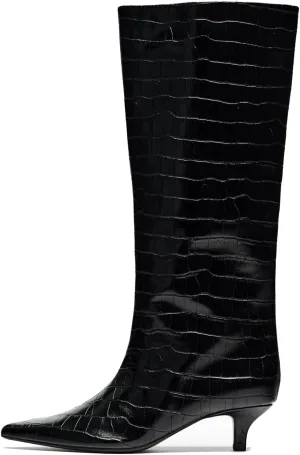Goolita Burgundy Knee High Boots For Women, Pointed Toe Kitten Heel Wide Calf Boots Cherry Red Slip On Dress Tall Boots