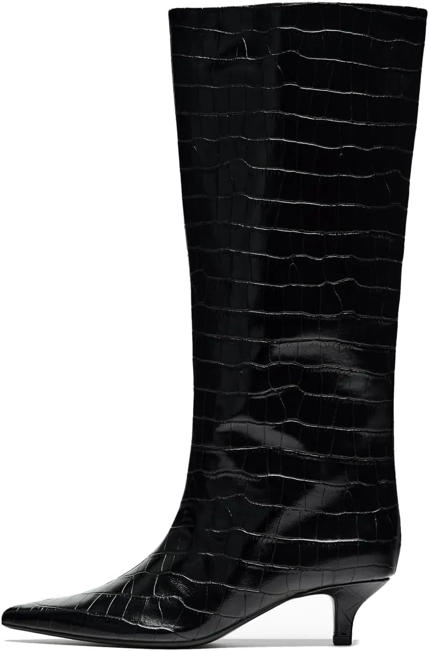 Goolita Burgundy Knee High Boots For Women, Pointed Toe Kitten Heel Wide Calf Boots Cherry Red Slip On Dress Tall Boots