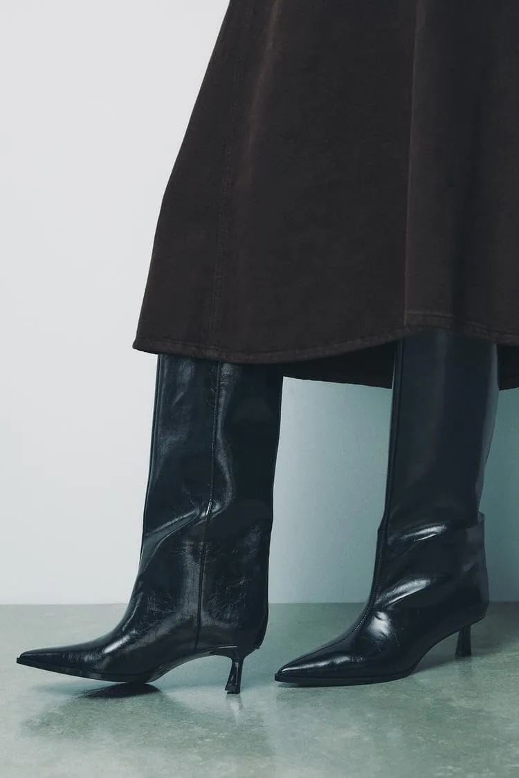 Goolita Burgundy Knee High Boots For Women, Pointed Toe Kitten Heel Wide Calf Boots Cherry Red Slip On Dress Tall Boots