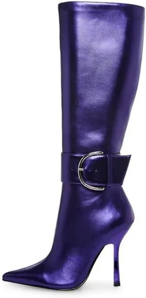 Goolita Women's Sexy Pointed Toe Stiletto High Heel Knee High Boots Shiny Side Zipper Buckle Comfortable Dress Boots