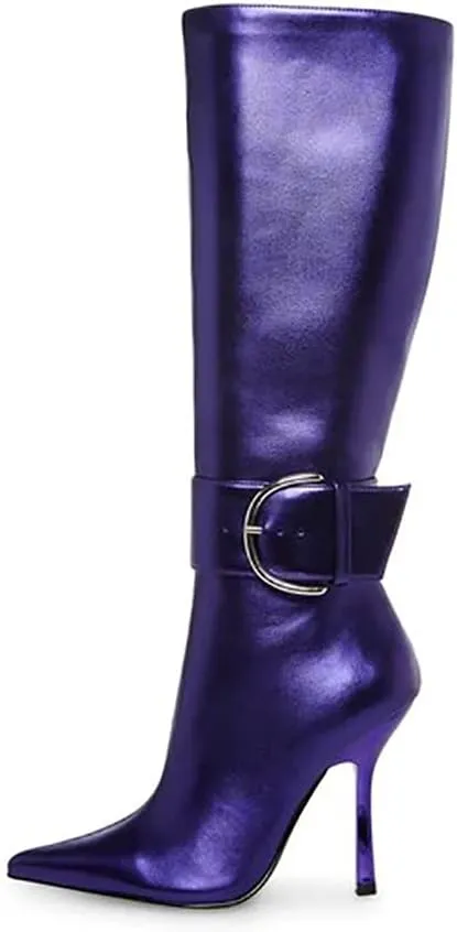 Goolita Women's Sexy Pointed Toe Stiletto High Heel Knee High Boots Shiny Side Zipper Buckle Comfortable Dress Boots