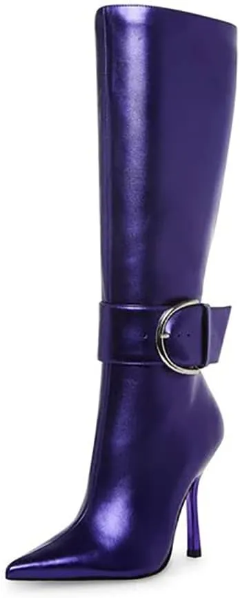 Goolita Women's Sexy Pointed Toe Stiletto High Heel Knee High Boots Shiny Side Zipper Buckle Comfortable Dress Boots