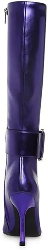 Goolita Women's Sexy Pointed Toe Stiletto High Heel Knee High Boots Shiny Side Zipper Buckle Comfortable Dress Boots