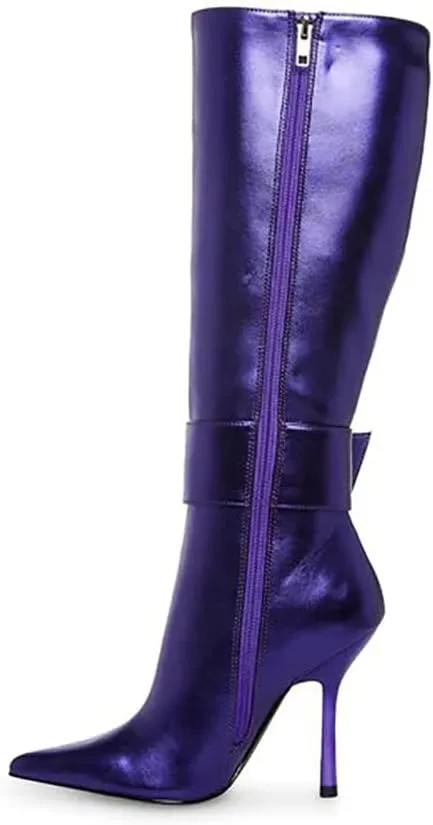 Goolita Women's Sexy Pointed Toe Stiletto High Heel Knee High Boots Shiny Side Zipper Buckle Comfortable Dress Boots
