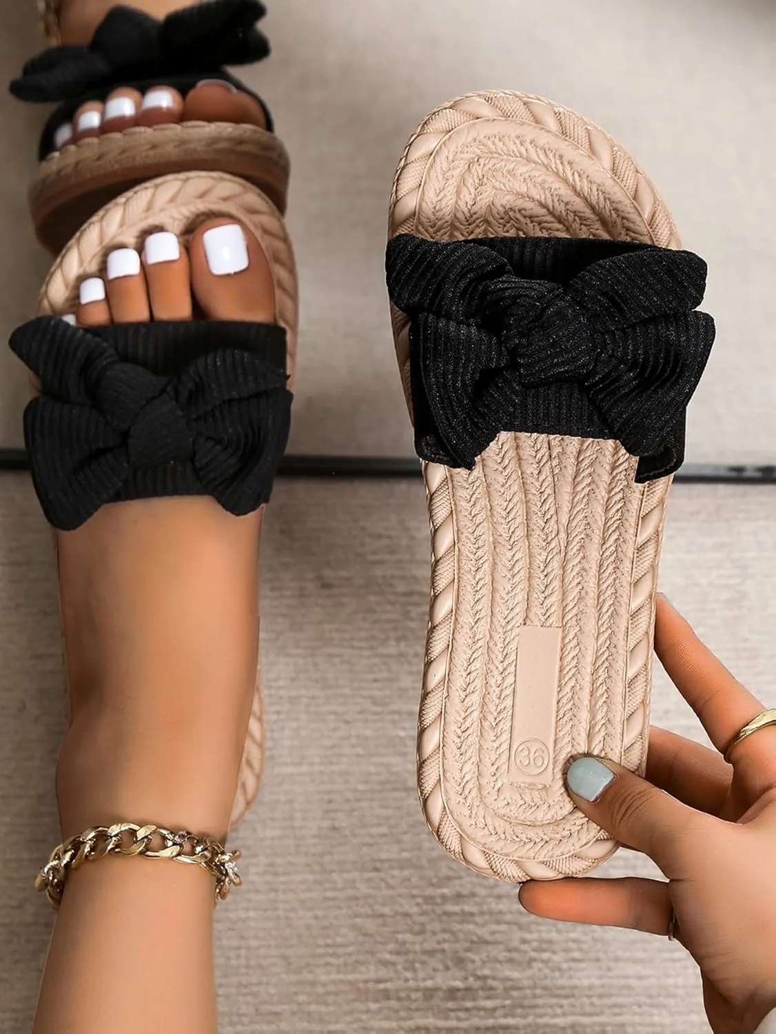 GORGLITTER Women's Bow Flat Sandals Straw Open Toe Dressy Boho Summer Beach Sandals