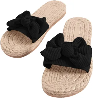 GORGLITTER Women's Bow Flat Sandals Straw Open Toe Dressy Boho Summer Beach Sandals