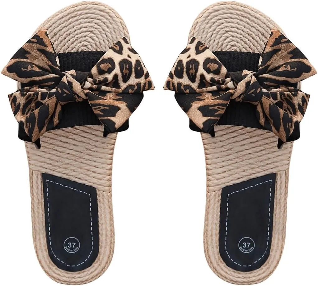 GORGLITTER Women's Bow Knot Flat Sandals Open Toe Slip On Slide Slipper Single Band Flats Black and Brown 6.5