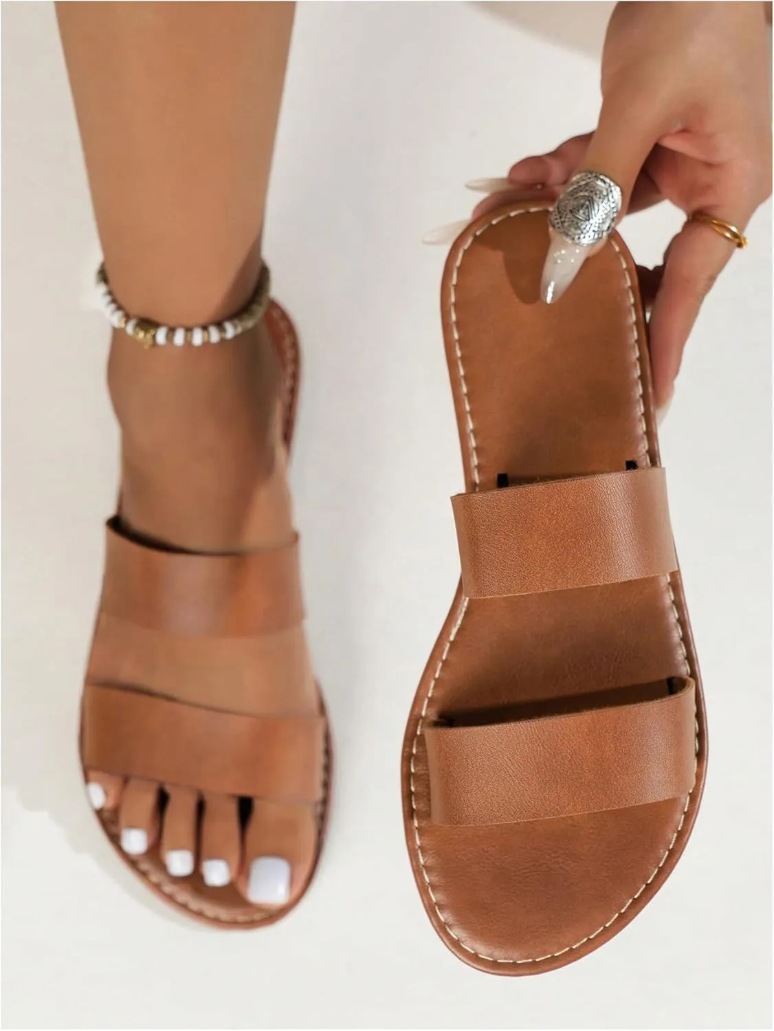 GORGLITTER Women's Double Band Dressy Flats Sandals Open Toe Slip On Slide Summer Vacation Slip On Slides Shoes