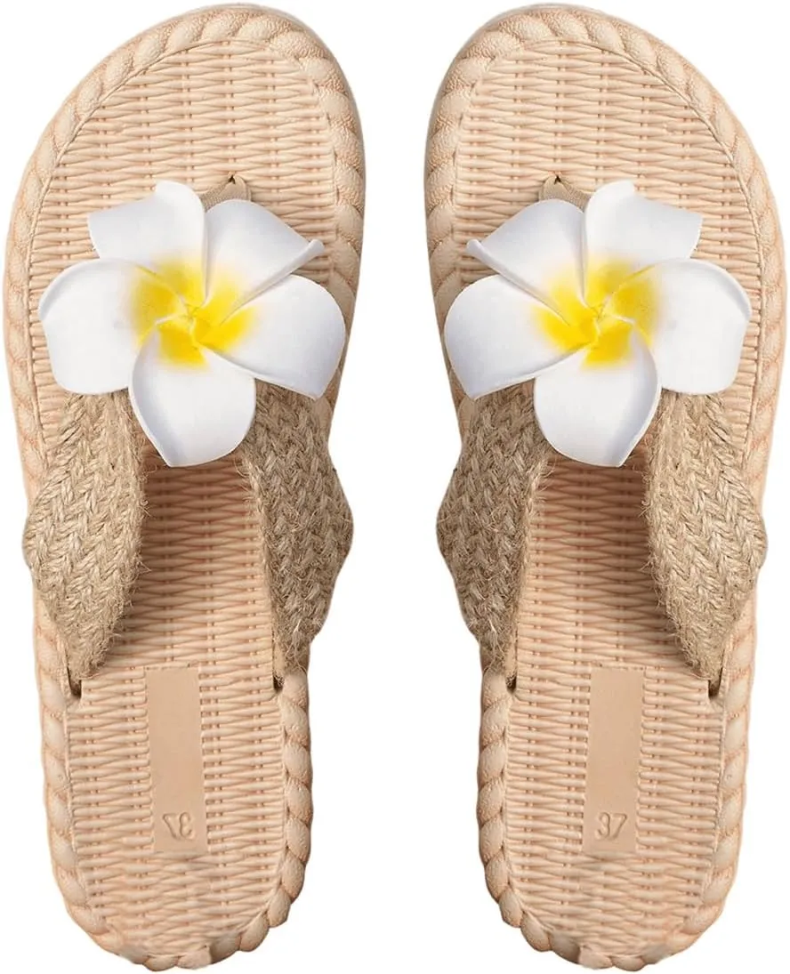 GORGLITTER Women's Floral Applique Sandals Braided Straw Thong Sandals Flip Flops Vacation Flats