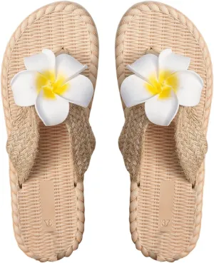 GORGLITTER Women's Floral Applique Sandals Braided Straw Thong Sandals Flip Flops Vacation Flats
