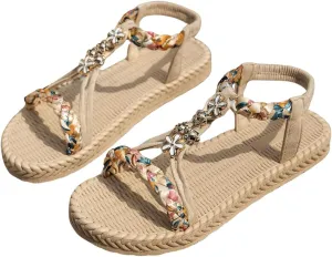 GORGLITTER Women's Floral Decor Braided Ribbon Vacation Flats Open Toe Slingback Straw Sandals