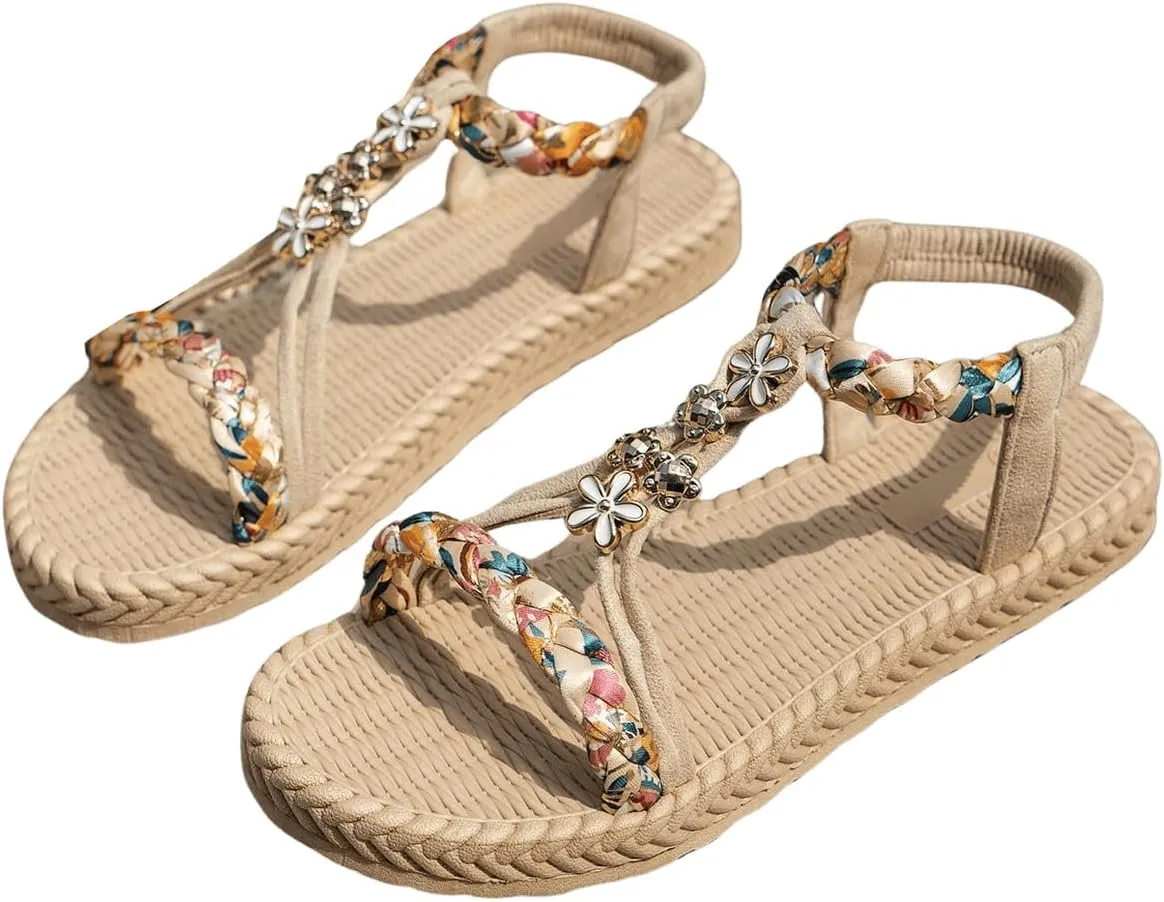 GORGLITTER Women's Floral Decor Braided Ribbon Vacation Flats Open Toe Slingback Straw Sandals