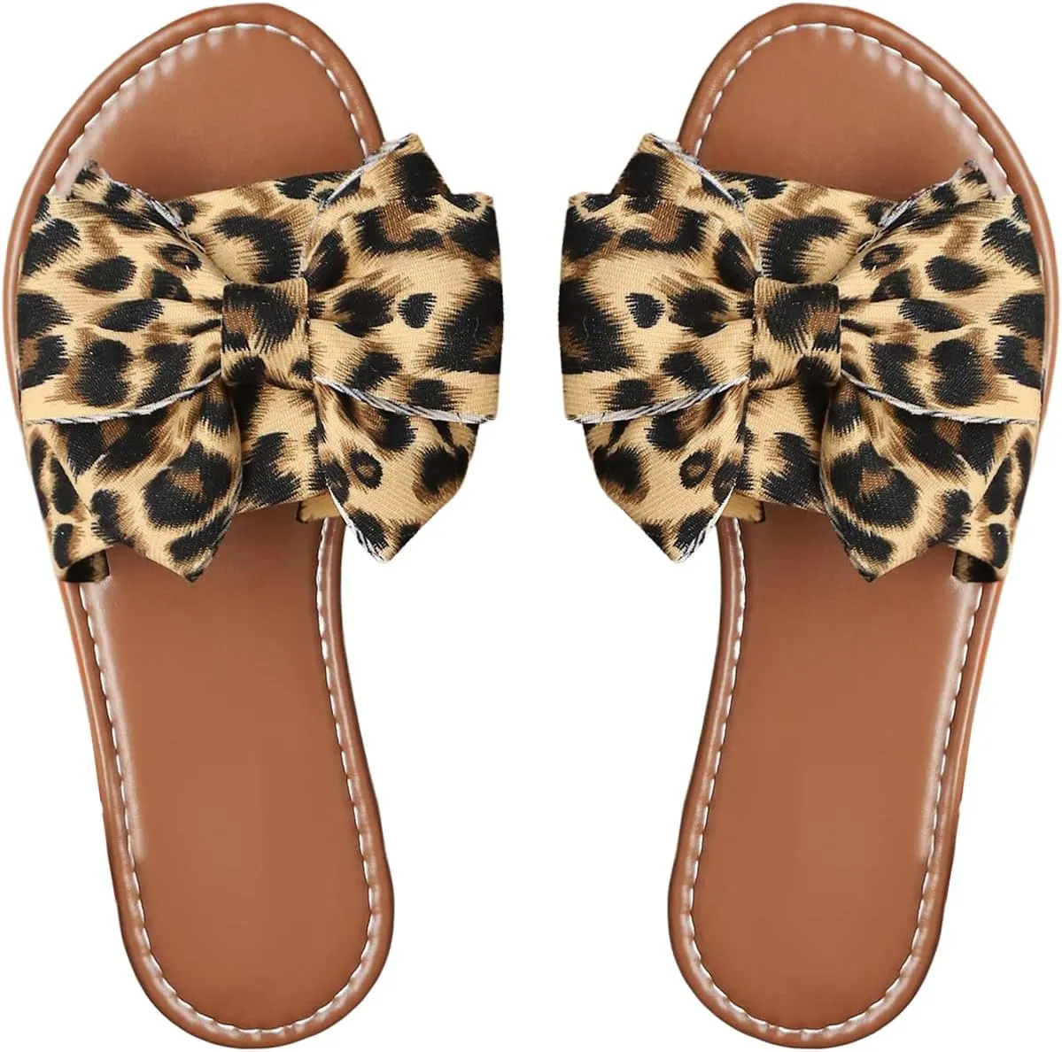 GORGLITTER Women's Leopard Bow Sandals Dressy Open Toe Slip On Slide Cute Summer Sandals