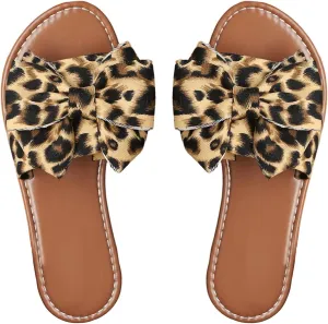 GORGLITTER Women's Leopard Bow Sandals Dressy Open Toe Slip On Slide Cute Summer Sandals