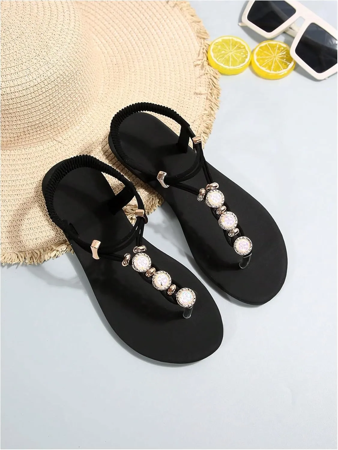 GORGLITTER Women's Rhinestone Sandals Dressy Open Toe Ankle Strap T Strap Flats Sandal