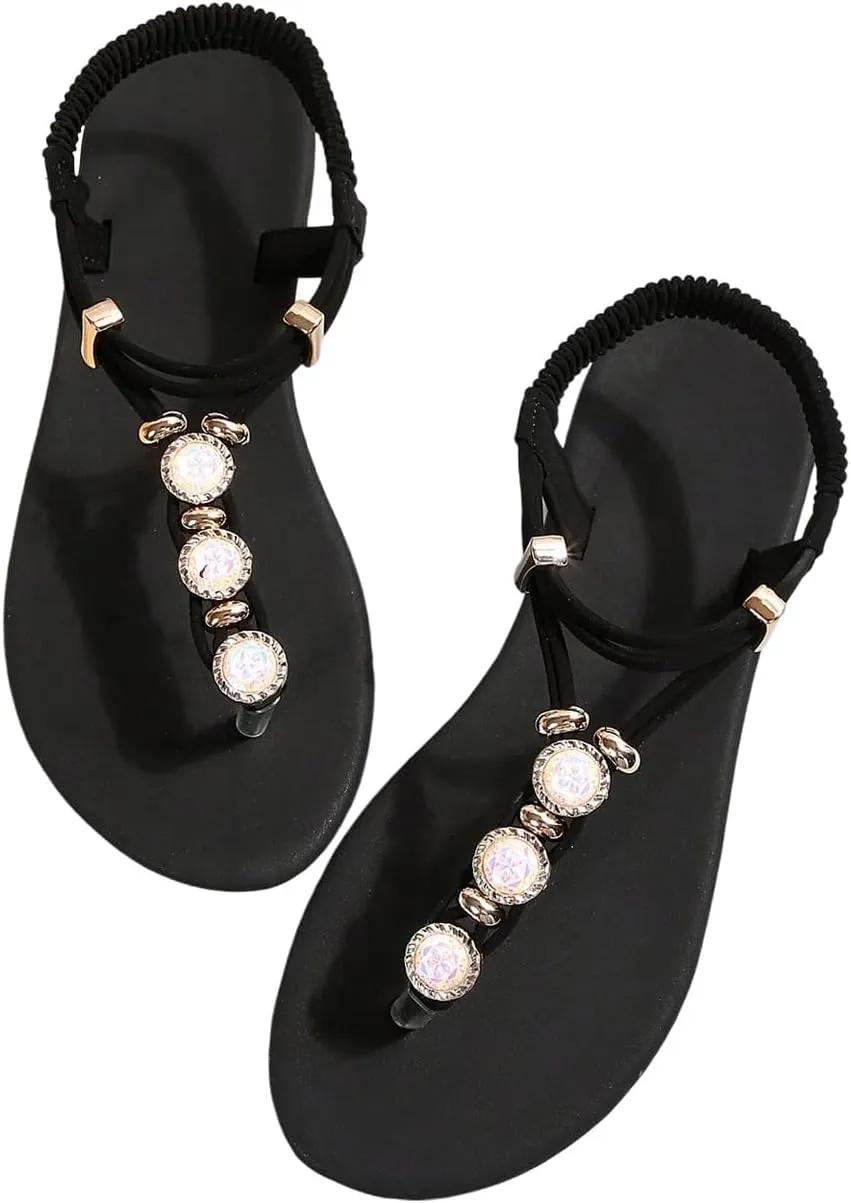 GORGLITTER Women's Rhinestone Sandals Dressy Open Toe Ankle Strap T Strap Flats Sandal