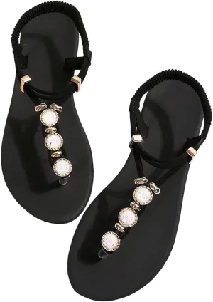 GORGLITTER Women's Rhinestone Sandals Dressy Open Toe Ankle Strap T Strap Flats Sandal