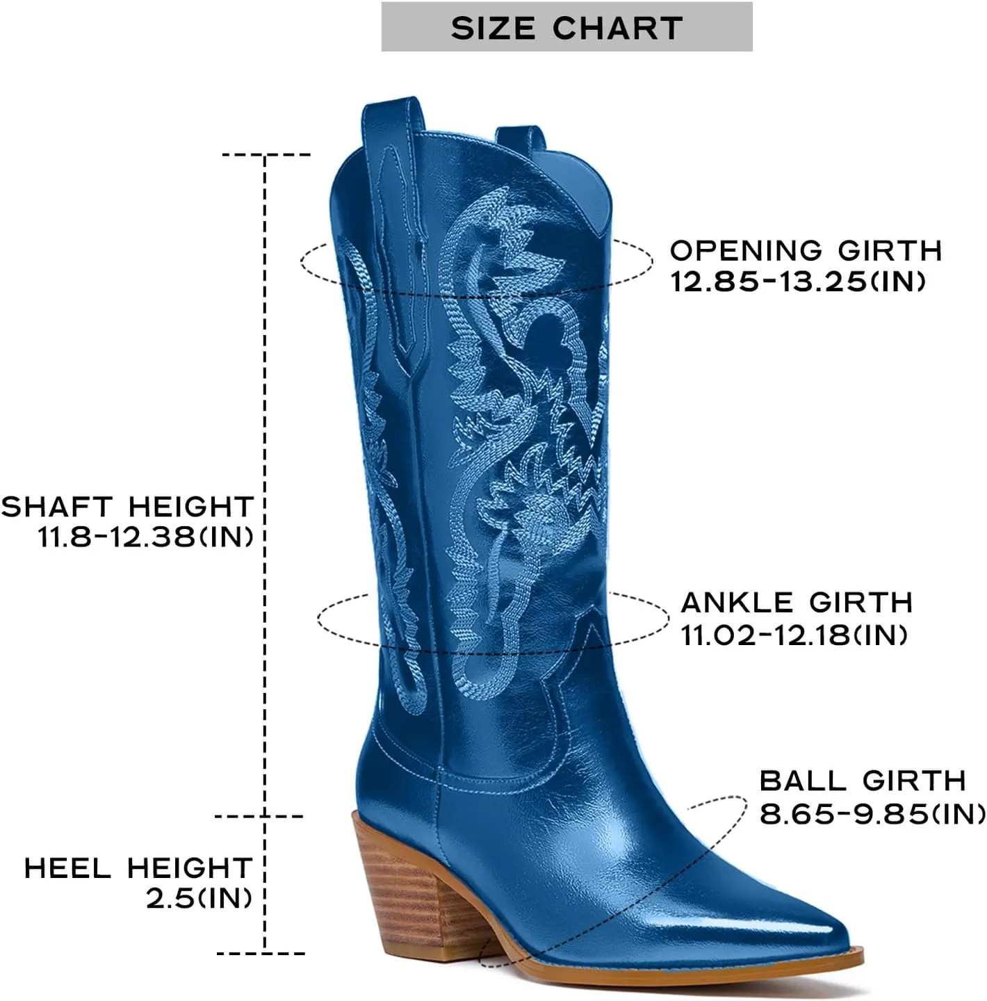 GOSERCE Cowboy Boots for Women - Metallic Mid Calf Cowgirl Boots with Embroidery Sparkly Western Wide Calf Short Boots Fashion Pull on Pointy Toe Chunky Stacked Heel 2.5"