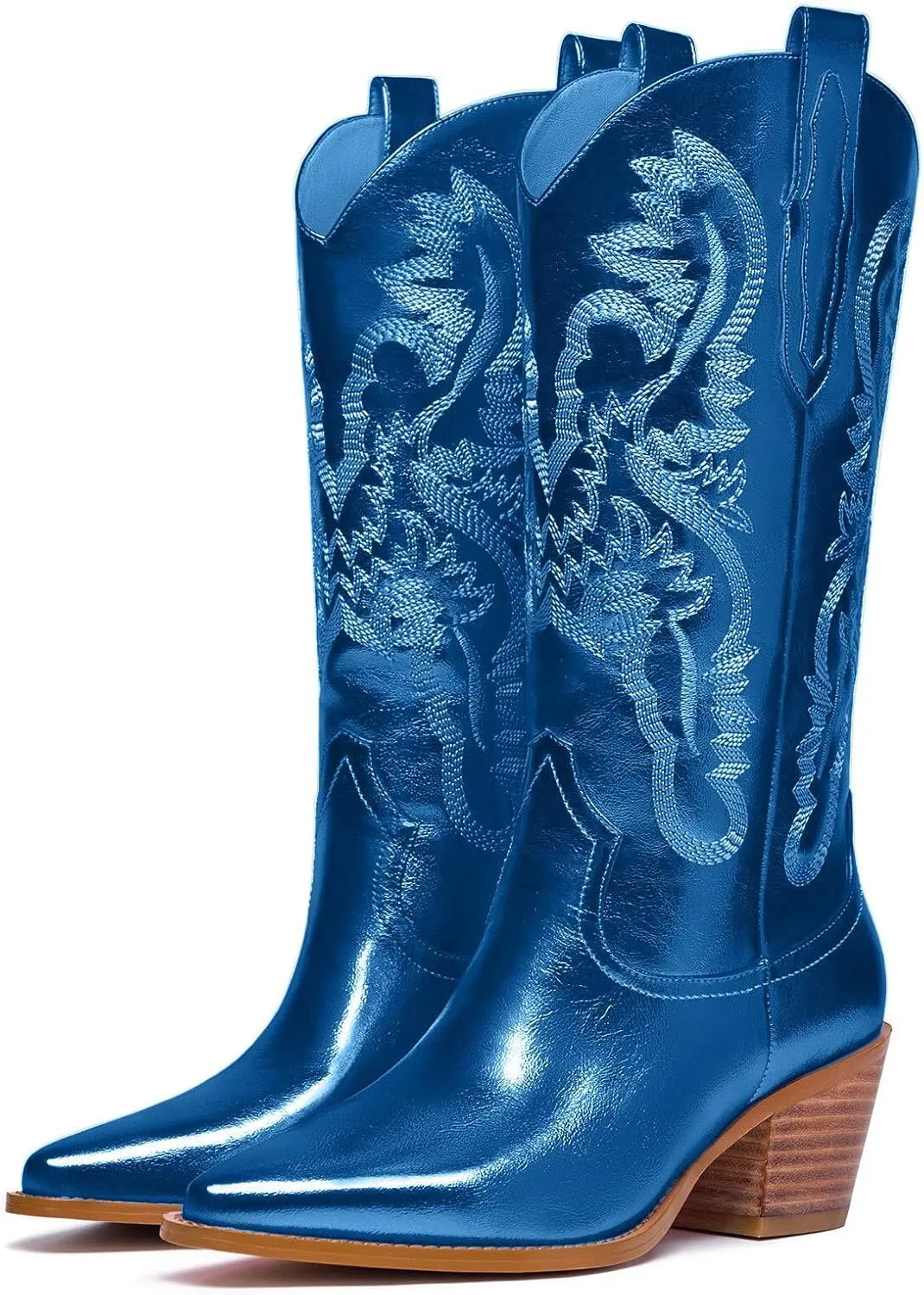 GOSERCE Cowboy Boots for Women - Metallic Mid Calf Cowgirl Boots with Embroidery Sparkly Western Wide Calf Short Boots Fashion Pull on Pointy Toe Chunky Stacked Heel 2.5"