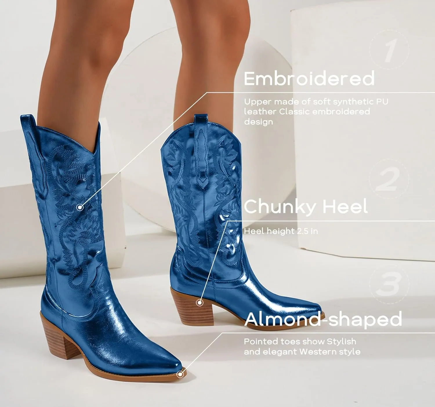 GOSERCE Cowboy Boots for Women - Metallic Mid Calf Cowgirl Boots with Embroidery Sparkly Western Wide Calf Short Boots Fashion Pull on Pointy Toe Chunky Stacked Heel 2.5"