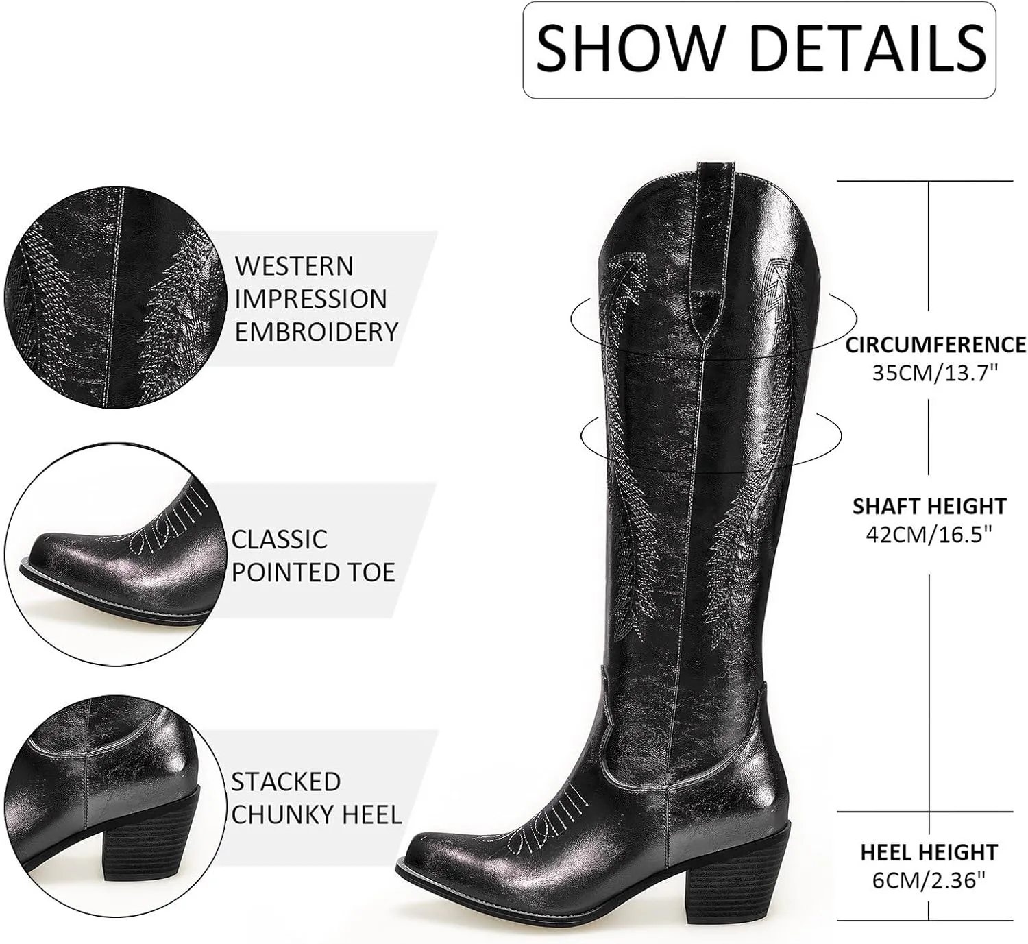GOSERCE Metallic Cowboy Boots for Women Embroidered Cowgirl Boots Almond Pointed Toe Medium Block Chunky Heel 6cm Pull On Tabs Precise Stitching