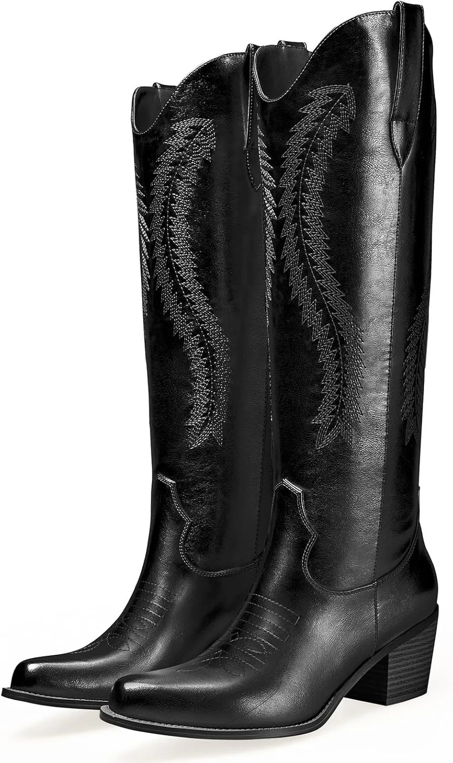 GOSERCE Metallic Cowboy Boots for Women Embroidered Cowgirl Boots Almond Pointed Toe Medium Block Chunky Heel 6cm Pull On Tabs Precise Stitching