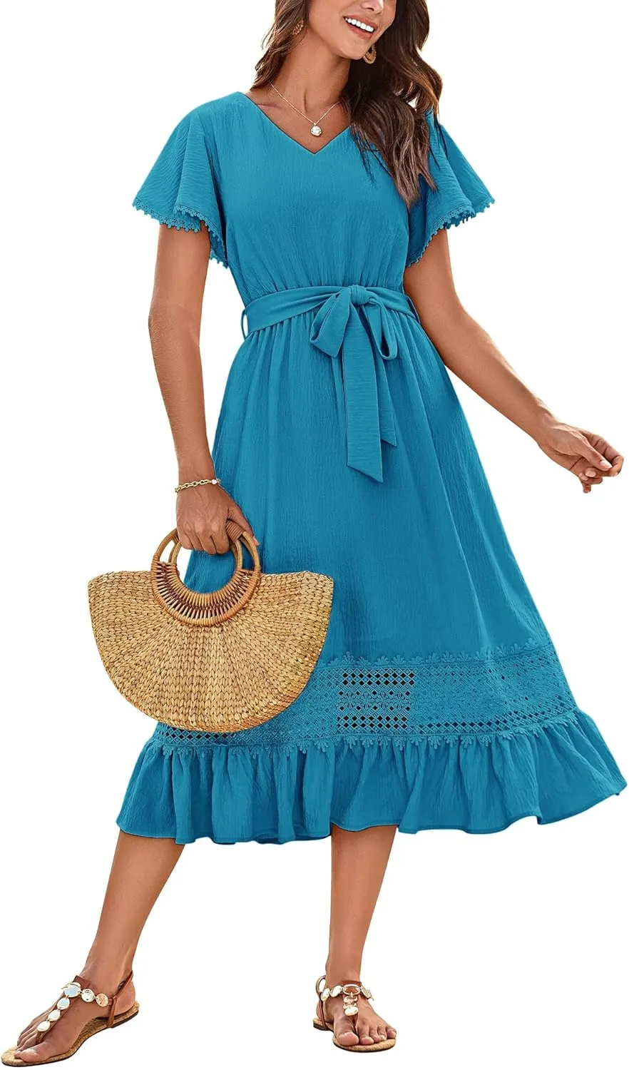 GRACE KARIN Women's Summer Casual V Neck Ruffle Short Sleeve A-Line Floral Embroidery Flowy Midi Dress with Belt