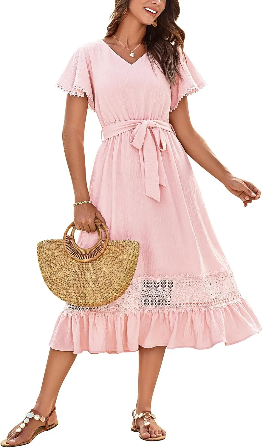 GRACE KARIN Women's Summer Casual V Neck Ruffle Short Sleeve A-Line Floral Embroidery Flowy Midi Dress with Belt